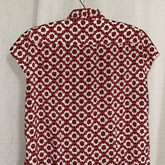 Tory Burch 10 Red White Pattern Cap Sleeve Neck Tie Silk Blouse - Picture 8 of 14